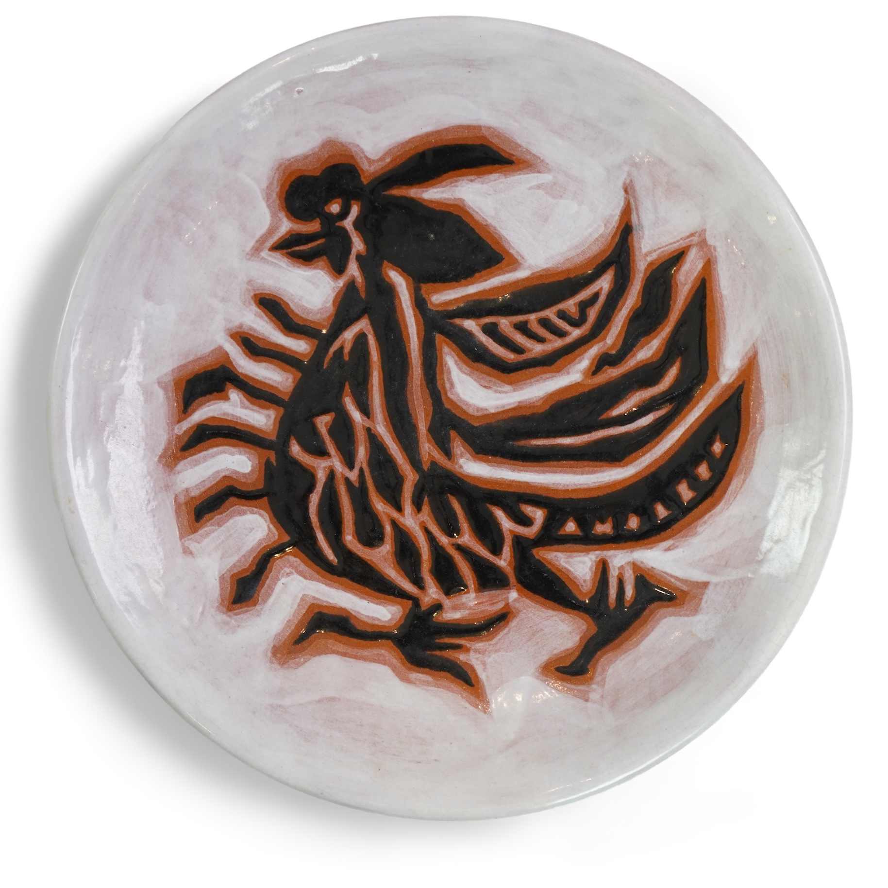 Jean Lurçat (1892-1966): A white glazed earthenware plate, decorated with a central stylised cockerel